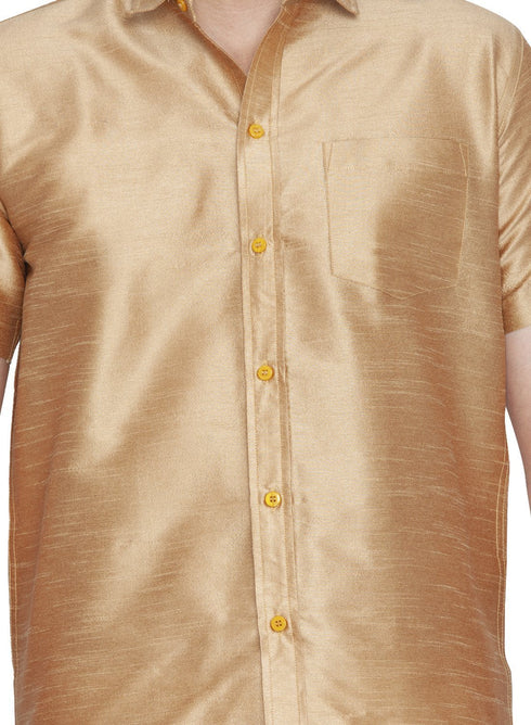 Vastramay Men's Gold Cotton Silk Blend Shirt and Dhoti Set